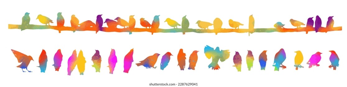 Birds on a wire. Silhouettes of colorful sitting starlings. Birds set . Vector illustration