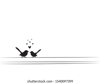 Birds On Wire Silhouettes and hearts, Vector, Minimalist poster design isolated on white background. Scandinavian design. Wall Decals, Wall Art Decor, Birds Silhouette, Two birds in love, birds couple