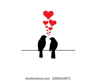 Birds On Wire Silhouettes with hearts Vector, Minimalist poster design isolated on white background. Scandinavian design. Wall Decals, Art Decor, Birds Silhouette, Two birds in love, birds couple,  