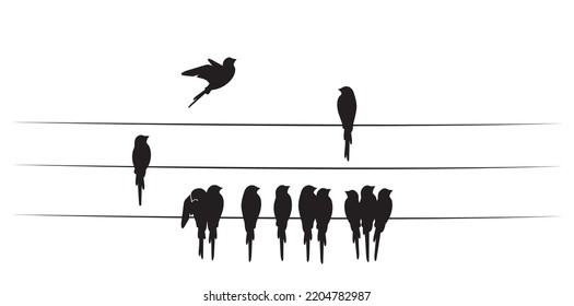 Birds On Wire Silhouettes making heart Vector, Minimalist poster design isolated on white background. Scandinavian design. Wall Decals, Art Decor, Birds Silhouettes illustration
