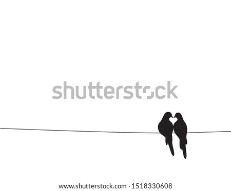 Birds On Wire Silhouettes making heart Vector, Minimalist poster design isolated on white background. Scandinavian design. Wall Decals, Art Decor, Birds Silhouette, Two birds in love, birds couple,   商業照片 © 