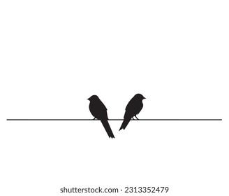 Birds On Wire Silhouettes, vector. Minimalist poster design isolated on white background. Scandinavian design. Wall Decals, Art Decor, Birds Silhouette, Two birds in love, birds couple.  