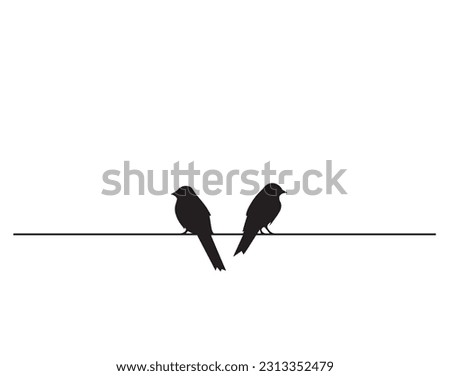 Birds On Wire Silhouettes, vector. Minimalist poster design isolated on white background. Scandinavian design. Wall Decals, Art Decor, Birds Silhouette, Two birds in love, birds couple.  