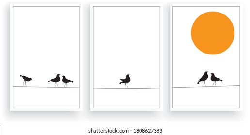 Birds on wire on sunset, vector. Scandinavian minimalist art design. Birds silhouettes isolated on white background. Three pieces poster design. Wall decals, modern wall art work