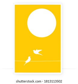 Birds on wire on sunset, vector. Scandinavian minimalist art design. Birds silhouettes isolated on yellow background. Poster design. Wall decals, modern wall art work