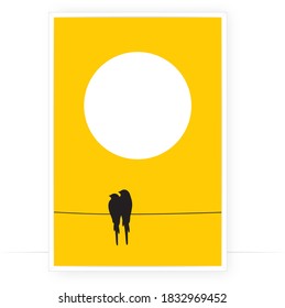 Birds on wire at sunset, vector. Minimalist poster design. Birds silhouettes isolated on white background. Scandinavian art design. Wall decals, artwork, birds couple