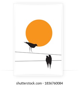 Birds on a wire at sunset, vector. Minimalist poster design. Birds silhouettes isolated on white background. Scandinavian art design. Wall decals, artwork, birds couple