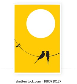 Birds on wire at sunset, vector. Minimalist poster design. Birds silhouettes isolated on white background. Scandinavian art design. Wall decals, artwork, birds couple