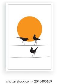 Birds on wire on sunset, vector. Scandinavian minimalism art design. Birds illustration isolated on white background. Wall art, artwork, poster design. Freedom concept