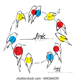 Birds on wire vector round frame, various birds silhouettes made with ink pen, singing and chirping birds are marked with different colors. Spring background and card.
