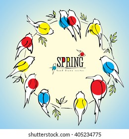 Birds On Wire Vector Round Frame, Various Birds Silhouettes Made With Ink Pen, Singing And Chirping Birds Are Marked With Different Colors. Spring Background And Card.