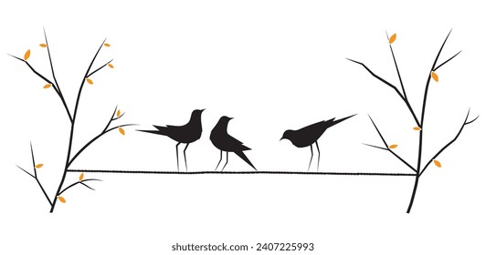 Birds on wire Vector, Birds silhouettes isolated on white background. Wall Decor, Wall Decals, Art Decor, Poster Design	