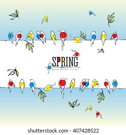 Birds On Wire Vector, Various Birds Silhouettes Made With Ink Pen, Singing And Chirping Birds Are Marked With Different Colors. Spring Background.