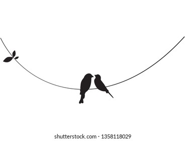 Birds on Wire Vector, Wall Decals, Birds Couple Silhouette, Birds in Love, Art Decoration, Wall Decor, Birds Silhouette on branch isolated on white background. Romance in nature, romantic 