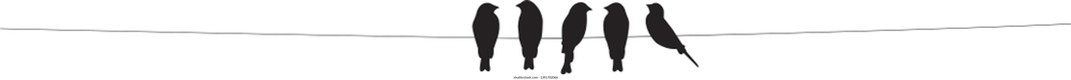 Birds On Wire Vector, Wall Decor, Birds Couple  Silhouette. Five Birds on Wire Illustration Design, Art Decor, Wall Decals, poster design isolated on white background 