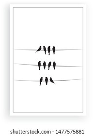 Birds On Wire Vector, Wall Decor, Birds Silhouettes. Minimalist poster design, banner design. Eleventh Birds on Wire Illustration, Wall Art Decor, Wall Decals isolated on white background 