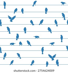 Birds on wires. Pattern with sparrows sit on lines. Notebook style 