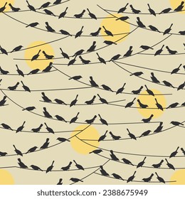 Birds on wires seamless pattern on beige background. Silhouettes of the birds