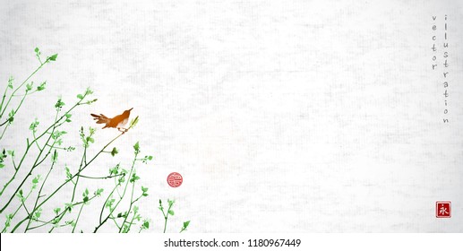 Birds on young tree branches. Traditional Japanese ink painting sumi-e, u-sin, go-hua on white glowing background. Hieroglyph - eternity.
