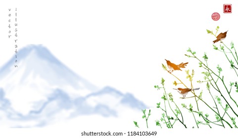 Birds on young tree branches and far blue mountains. Traditional Japanese ink painting sumi-e, u-sin, go-hua. Hieroglyph - eternity