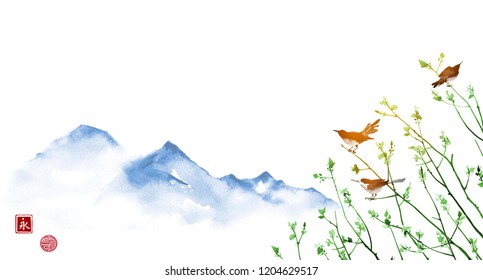 Birds on young tree branches and far blue mountains. Traditional Japanese ink painting sumi-e, u-sin, go-hua. Hieroglyph - eternity