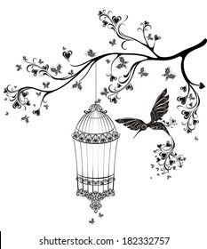 Birds out of cages. Spring birds flying on the branch. Vector illustration