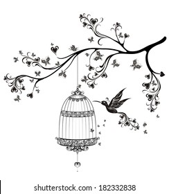 Birds out of cages. Spring birds flying on the branch. Vector illustration