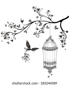 Birds out of cages. Spring birds flying on the branch. Vector illustration