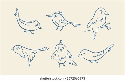 Birds outline linear set. Birds collection. Cute funny nice characters. Hand drawn isolated vector illustrations.