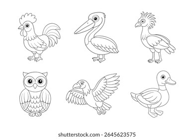 Birds outline vector , Set of black Birds coloring book vector 