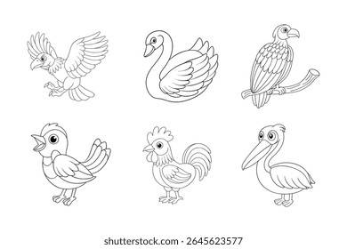 Birds outline vector , Set of black Birds coloring book vector 