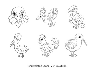 Birds outline vector , Set of black Birds coloring book vector 