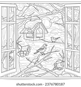 
Birds outside the window in winter.Coloring book antistress for children and adults. Illustration isolated on white background.Zen-tangle style. Hand draw