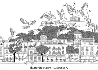 Birds over Athens - hand drawn black and white illustration of the city with a flock of doves