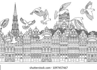 Birds over Brussels - hand drawn black and white illustration of the city with a flock of pigeons