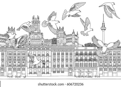 Birds over Madrid - hand drawn black and white illustration of the city with a flock of pigeons