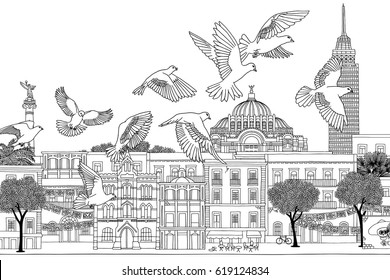 Birds over Mexico - hand drawn black and white illustration of the city with a flock of pigeons or doves