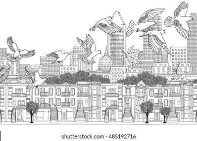 Birds over Montreal - black and white ink illustration of the city's skyline with a flock of birds