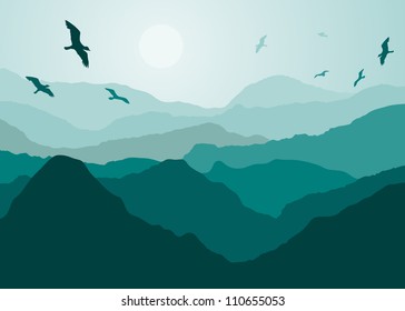 	Birds over the mountain landmark. File Illustrator 10