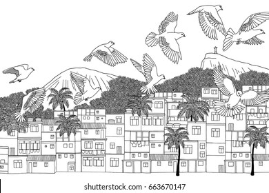 Birds over Rio - hand drawn illustration of Rio de Janeiro, Brazil with a flock of birds