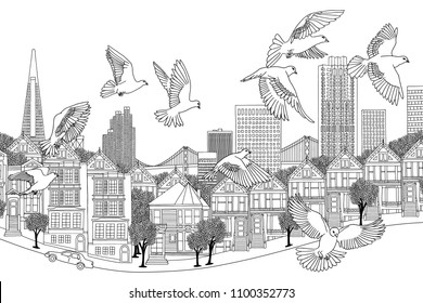 Birds over San Francisco - hand drawn black and white illustration of the city with a flock of pigeons