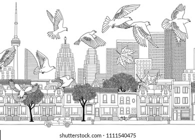 Birds over Toronto - hand drawn black and white illustration of the city with a flock of pigeons
