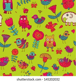 Birds owls elephant flowers vector seamless pattern