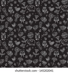 Birds owls elephant flowers vector seamless pattern