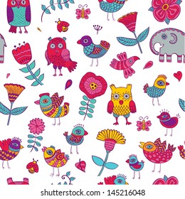 Birds owls elephant flowers vector seamless pattern