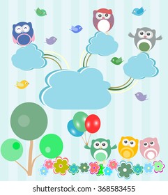 Birds and owls in spring forest. Vector set. Baby boy card