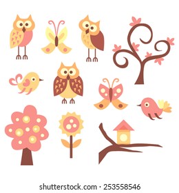 Birds, owls, and tree.