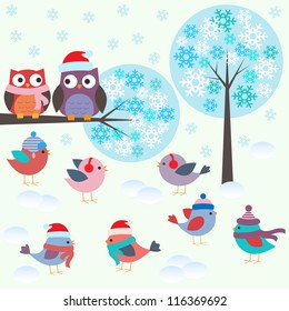  Birds and owls in winter forest .Vector set