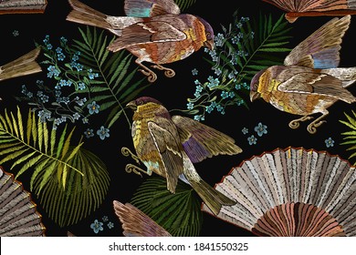 Birds, palm leaves and japan fan. Asian seamless pattern. Fashion oriental art. Oriental style. Japanese and Chinese concept 