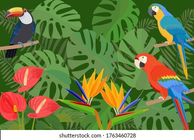 Birds of paradise flower and parrots. Tropical.